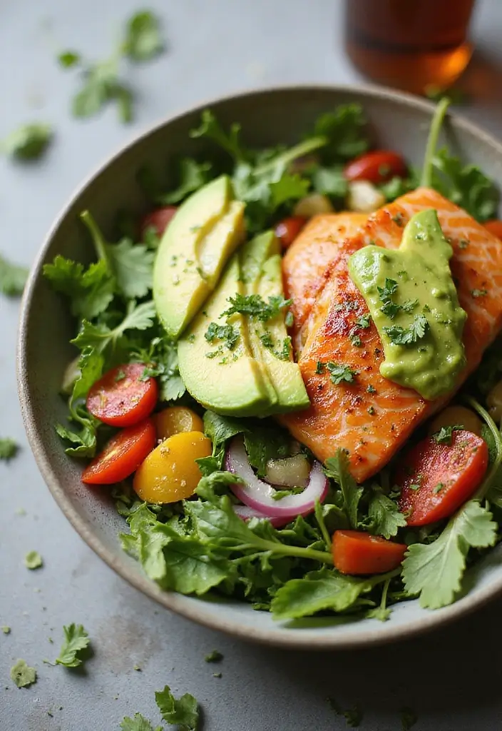 25 Healthy Fish Meals That Are Fresh and Light - 1. Grilled Salmon Salad with Avocado Dressing