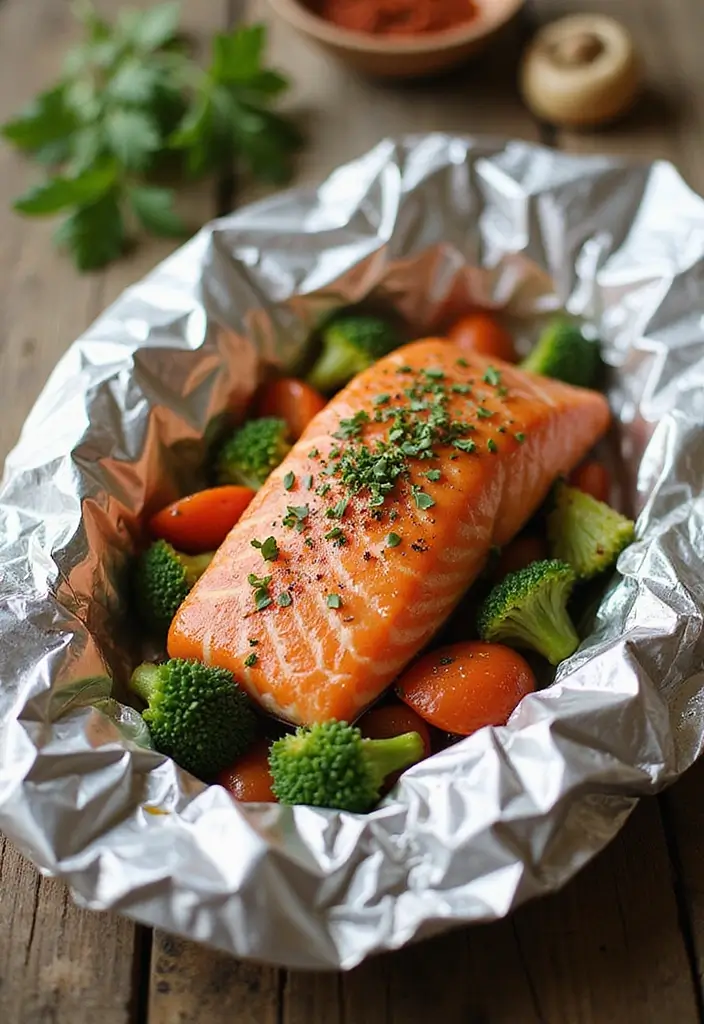 25 High Protein Healthy Meals for Energy & Muscle Gain - 11. Salmon & Veggie Foil Pack