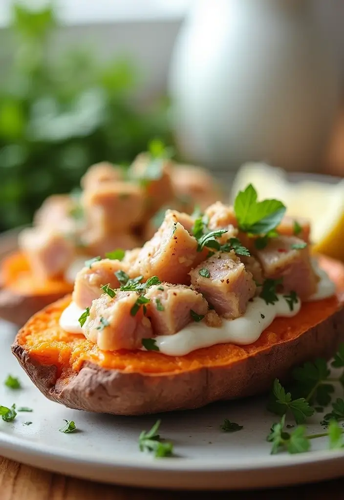 25 High Protein Healthy Meals for Energy & Muscle Gain - 14. Baked Sweet Potatoes with Tuna
