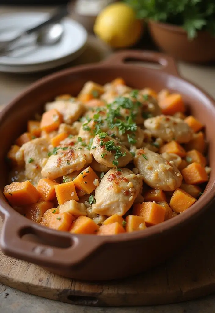 30 Healthy Crockpot Meals with Chicken You’ll Crave All Week - 17. Chicken and Sweet Potato Casserole