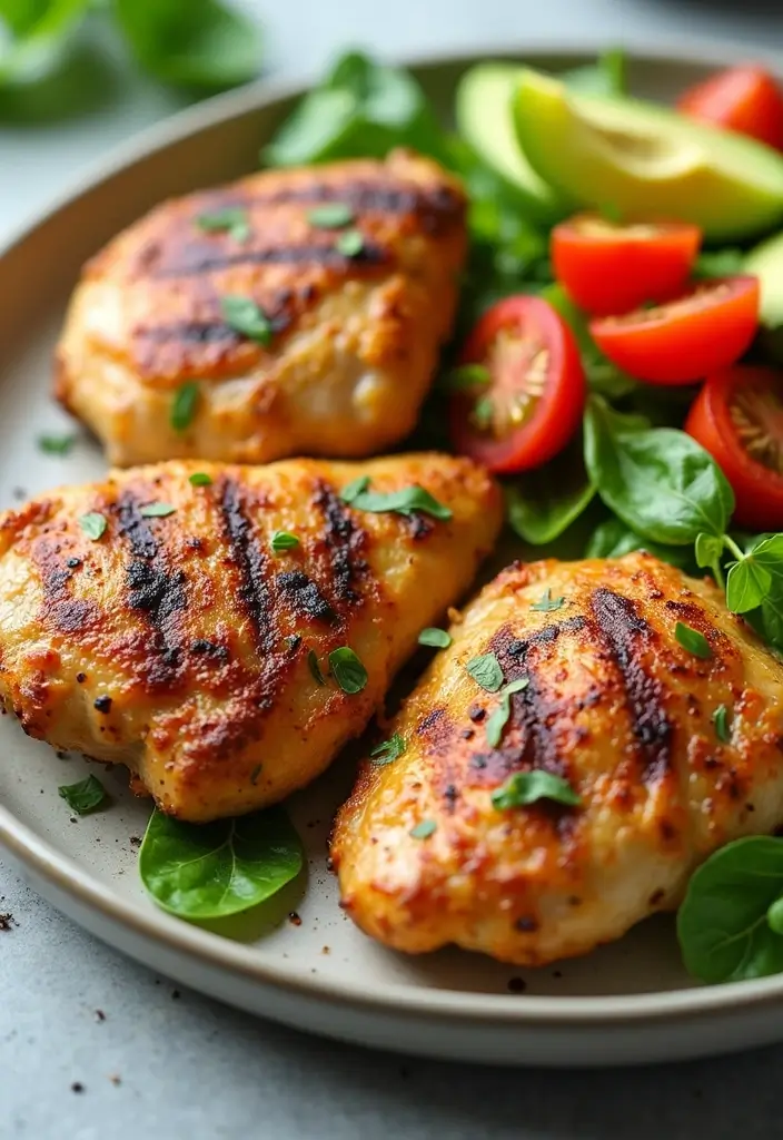 30 High Protein Healthy Meals for Weight Loss & Strength - 24. Chicken Thighs with Avocado and Tomato Salad